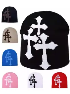 Unisex Y2K Jacquard Beanie Hat, Cross Design, Vintage Street Style, Outdoor Sports, Travel Party Daily Wear, Fall Winter Use, Beanie Fitted