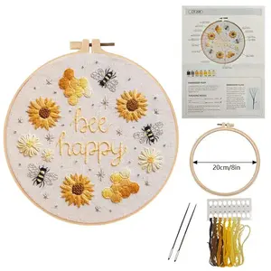 Beginner Happy Bee Embroidery Cross Stitch DIY Kit, 20cm/8in Flora Flower Design Craft Set with English Guide, Threads & Needles for Kids & Adults