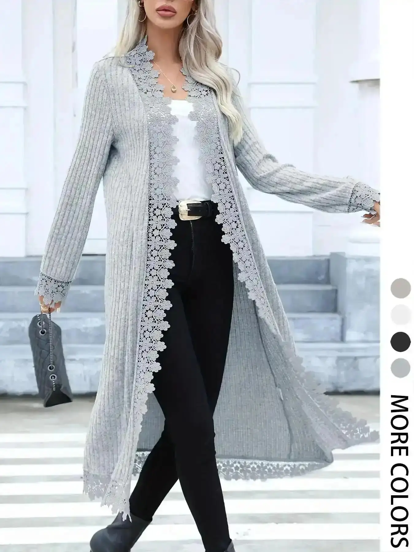 Chic Women's Zip Jacket, Contrast Lace Open-Front Longline Fitted Coat, Casual Long-Sleeve Ribbed Fabric Outerwear for Spring & Fall, Ladies Clothes Daily Wear, Cardigan, Womenswear, Date Night, Versatile, Comfort, St