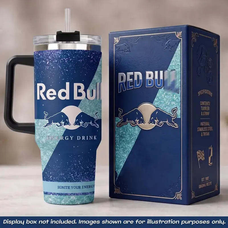 Red Bull 40oz Tumbler With Handle No Box, Energy Drink RB Blue Glitter Travel Mug, Ignite Your Energy Stainless Steel Insulated Cup, Charging Bulls Sports Drinkware, Cold Iced Coffee Water Tumbler, Extreme Sports Fan Gifts