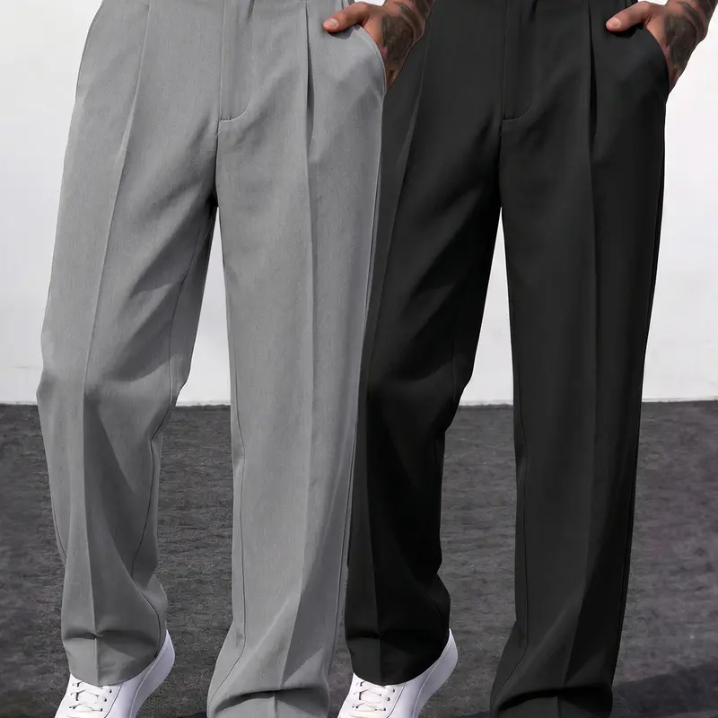 Men's 2-Pack Double Pleated Straight Suit Slacks (2-Piece Set - Black + Gray), Non-Iron Wrinkle-Resist High-Drape Polyester Mens Clothing, Button-Zipper Closure, Old Money Style Clean Fit Casual Trousers for Office Commute