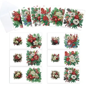 6 Pcs Diamond Art Painting Greeting Card Kits, DIY Christmas Flowers Pattern Handmade Sparkling Diamond Greeting Cards With Envelopes, For Holidays Celebrations Birthday Gift, Custom Message Card