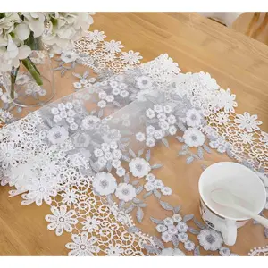 White Grey Floral Lace Table Runner 72 inches Dresser Scarf for Easter Summer Wedding Party (Gray, 16"x72")