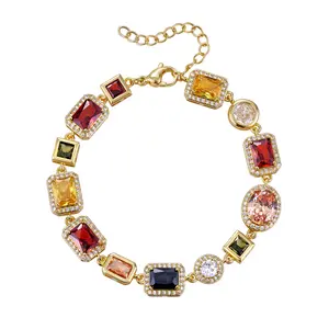 KissYan Colorful Gemstone Bracelet for Women, 14K Gold Plated Multicolor Zirconia Link Chain Jewelry, Luxury CZ Bracelet for Party & Daily Wear