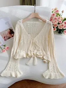 [Plus Size] Solid Color Ruffle Trim Tie Front Flounce Sleeve Knitwear Knitting Sweater Cardigan, Casual V Neck Long Sleeve Cardigan for Spring & Fall, Women's Plus Clothing for Daily Wear Womenswear Lady