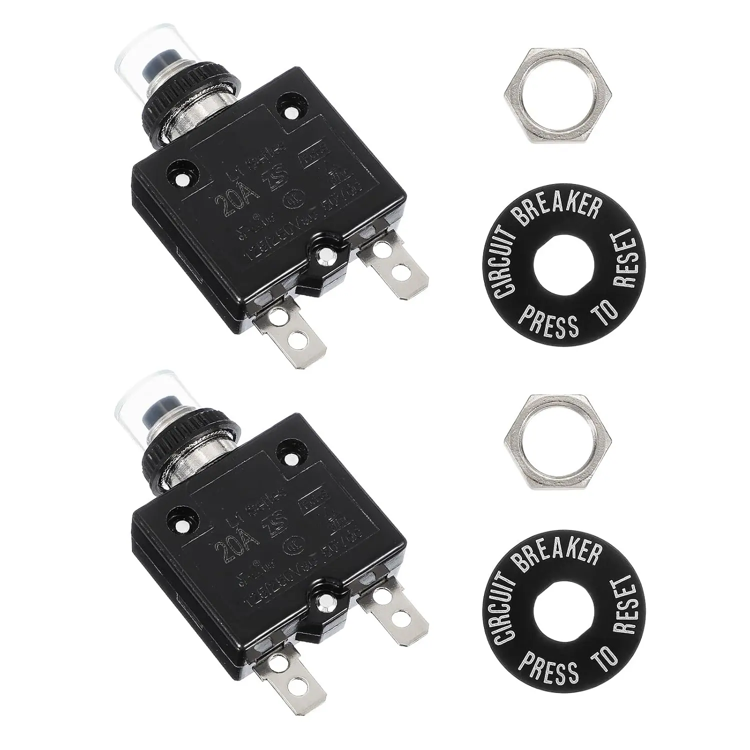 2 Pcs 20Amp Push Button Circuit Breaker, 125/250V AC 50V DC Manual Reset Thermal Overload Protector with Waterproof Button Caps