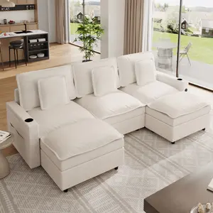 Beige 108 Inch U Shaped Modular Cloud Sectional Sofa 3 Seater Chenille Couch with Deep Seat Storage Armrests Charging Ports Movable Ottoman Cup Holder Modern Comfort Home Living Room Furniture