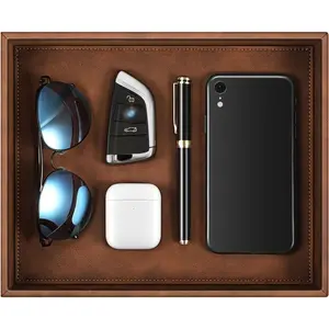 Valet Tray Desk Organizer, PU Catchall Bedside Tray Nightstand Coin Box Key Jewelry Organizer, Graduation, Brown