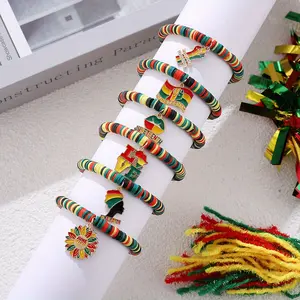 6PCS Jamaican African Bracelets Set Bohemian Juneteenth Multicolor Clay Beaded Bracelet Elastic Love, Flower, Flag Multi-Layered Jamaican Style Bracelets Stackable Bangle Set