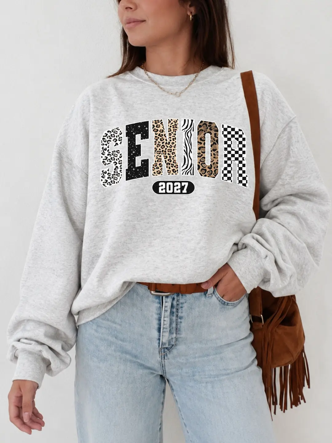Women's Leopard Print 2027 Senior Polyester Yarn Sweatshirt - Retro High School Graduation Graphic, Dream Everyday Style, Back to School Outfit, Unisex Graduation Gift