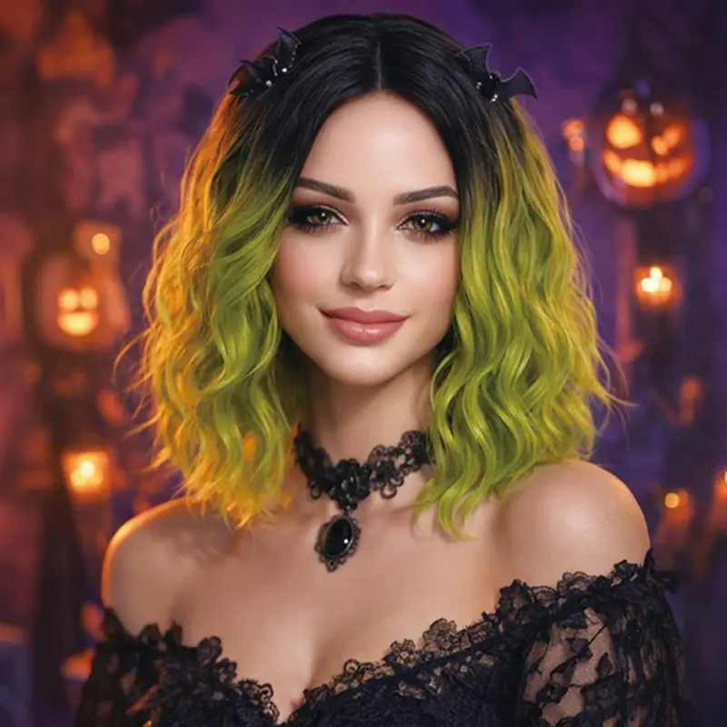 ZIHAN Ombre Green Women Girls Wig Short Curly Wavy Middle Part Wig，Short Curly Wig Bob Matcha Green Wigs Women Beach Wave Wigs，Ombre Color，Synthetic ，Halloween Cosplay Daily Party Wigs