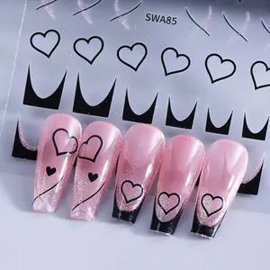 Heart Nail Art Stickers - French Lines Nail Decals with Valentine's Day Glitter Line Geometric French Love Nail Stickers Nail Supplies DIY Adhesive Sliders Valentine's Manicure Art Decor Tip for Women