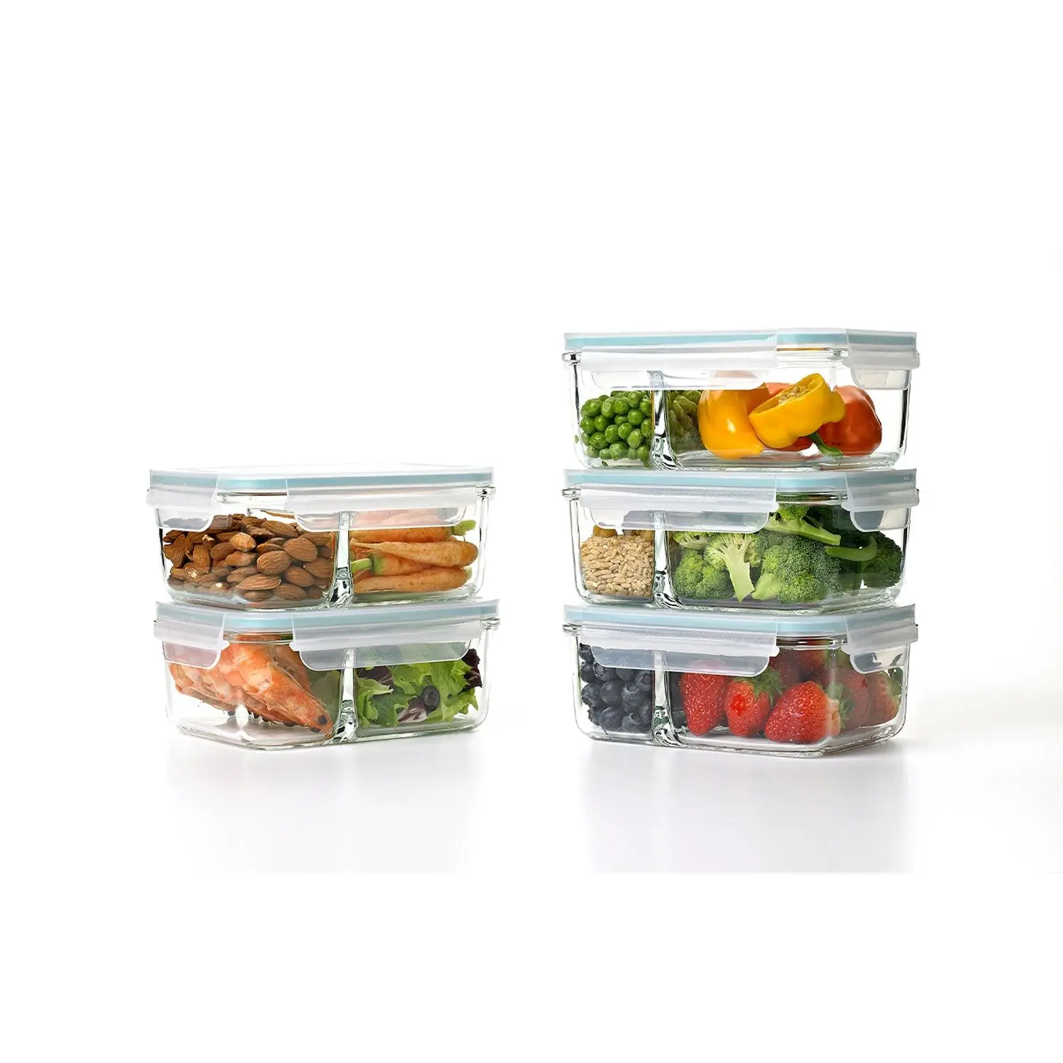 Glasslock Duo 5 Piece Clear Glass Microwave Safe Divided Food Storage Containers Glasslock Duo 5 Piece Clear Glass Microwave Safe Divided Food Storage Containers