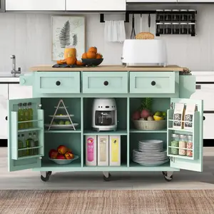 [SOIYELIFE] Kitchen Cart with Rubber wood Drop-Leaf Countertop ,Cabinet door internal storage racks,Kitchen Island on 5 Wheels with Storage Cabinet and 3 Drawers for Dinning Room, Mint Green Unique furniture Small Modular Storage Cabinet