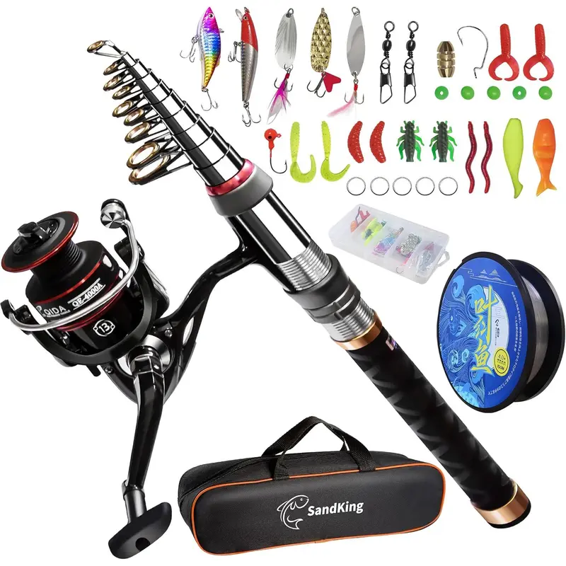 best fishing pole for adult beginners PLUSINNO Rod and Reel Combo, Telescopic Fishing Kit with Spinning Reel, Tackle Box, Fishing Lures and Travel Carrying Bag, Fishing Gear Gifts Men : Sports & Outdoors best fishing pole for beginners