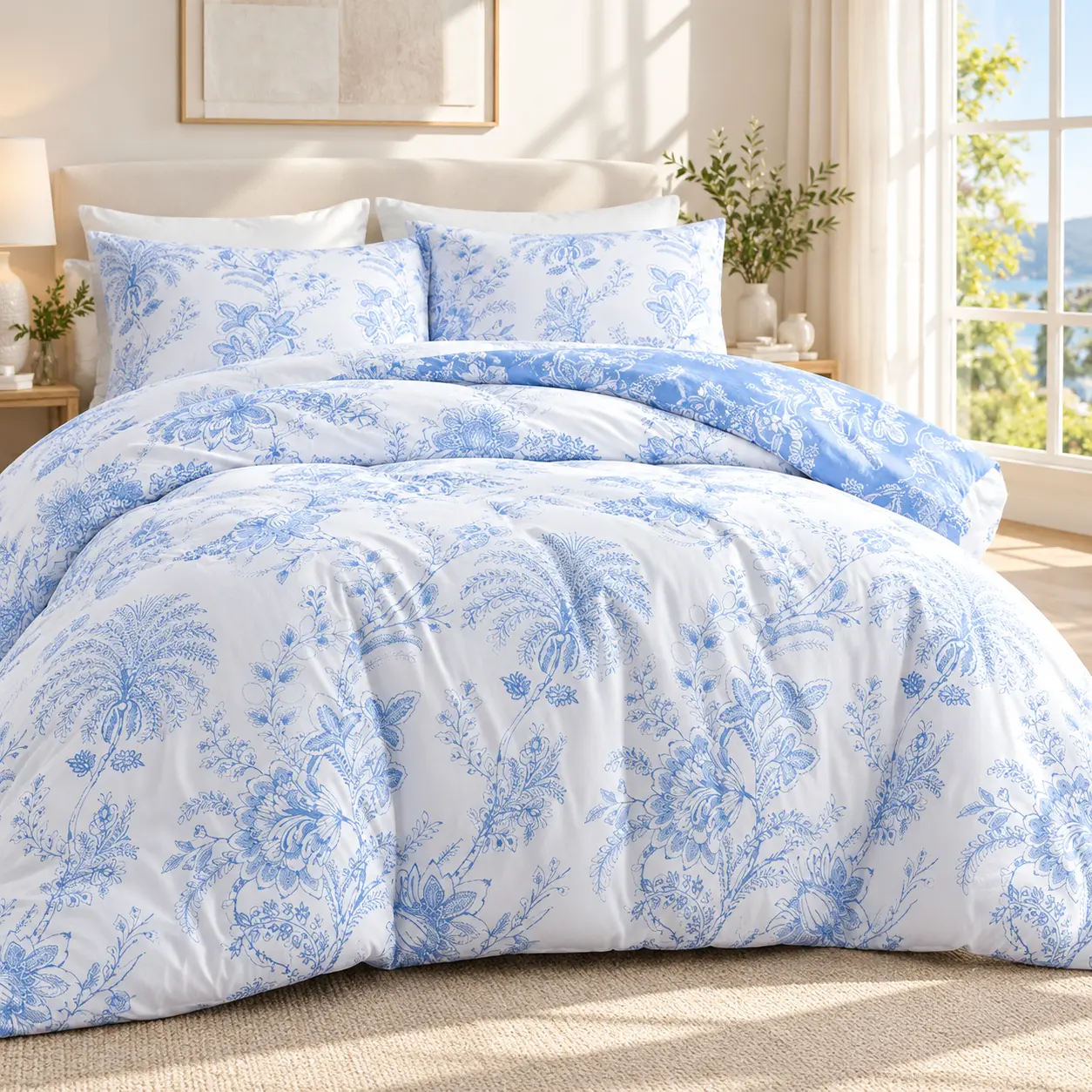 Reversible Blue & White Floral Comforter Set - 2/3-Piece Thick Bedding Set with Pillow Sham(s) for Twin, Queen, King Beds - Soft, Cozy for Bedroom Use