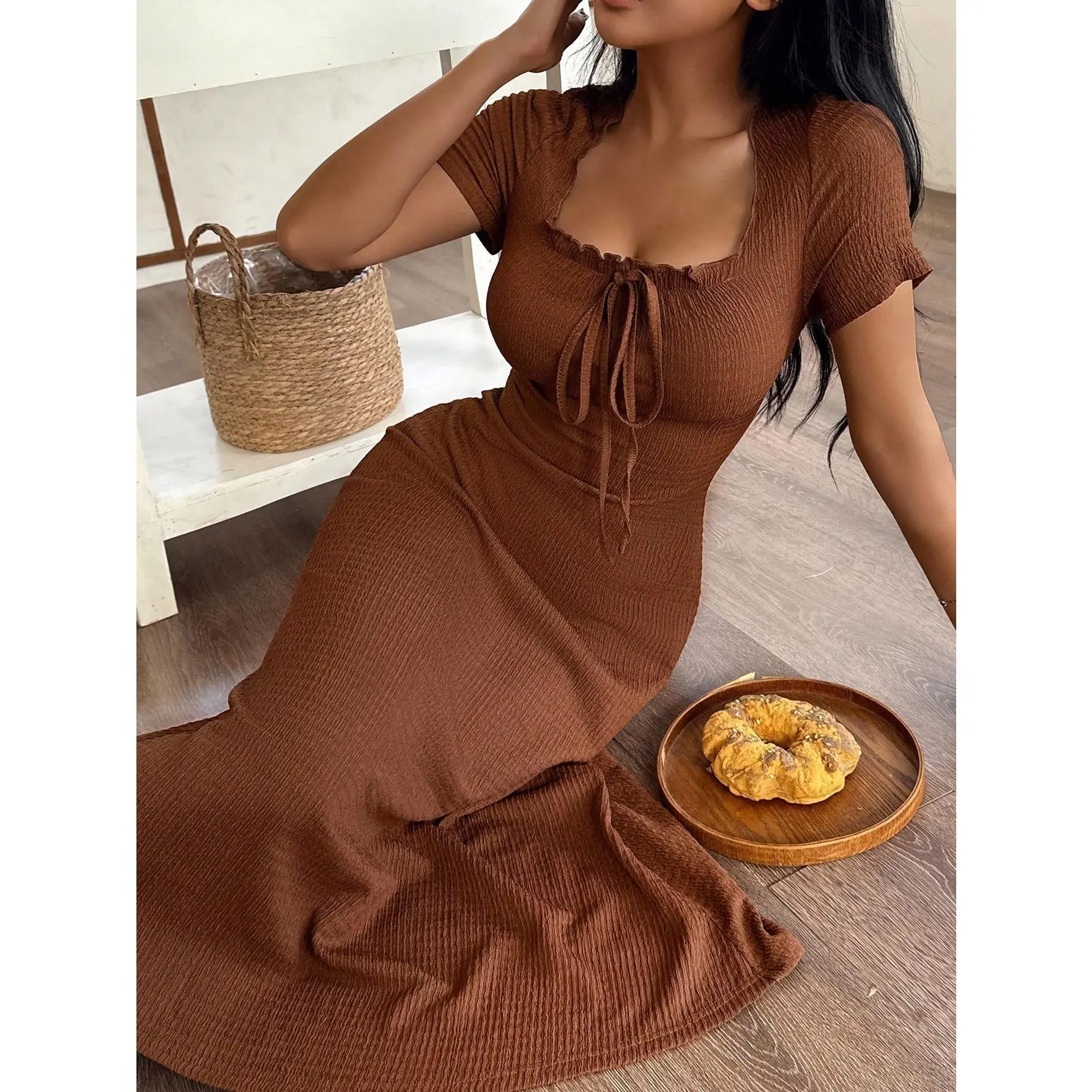 Women's Casual Solid Color Jacquard Gathered Ruffle Trim Square Neck Maxi  Loungewear Dress Brown Dress Lounge Dress Summer Dress Tie Front Dress Midi  Dress - TikTok Shop