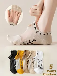 5 Pairs Random Women's Crew Socks, Sexy Leopard Print Mesh Patchwork Breathable Invisible, Ideal for Students Daily Commute Wear