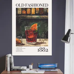 Vintage Old Fashioned Cocktail Recipe Bar Poster Print Classic Bourbon Drink Wall Art for Bar Or Kitchen, Room Decor, Unframed