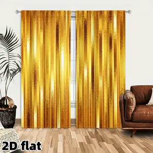 2D Flat 2Pcs Gold Striped Window Curtains Luxury Modern Vertical Stripes Pattern Thermal Blackout Panels Elegant Sunlight Filtering Drapes Home Decoration Curtain for Living Room Bedroom Kitchen Home Decor Treatment