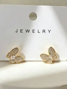 Luxurious Copper Heart Earrings with Synthetic Zircon, Cute Butterfly Shape, Perfect Gift for Dates and Birthdays, Elegant Jewelry Set
