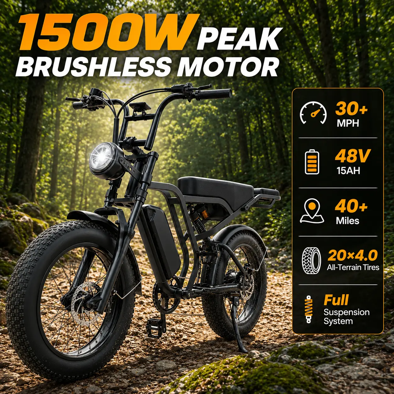 Adult Electric Bike 1500W Peak, 48V 15Ah Fat Tire Ebike, 20×4.0 All Terrain Tires, Full Suspension, LCD Display, Long Range Commuter Electric Bicycle