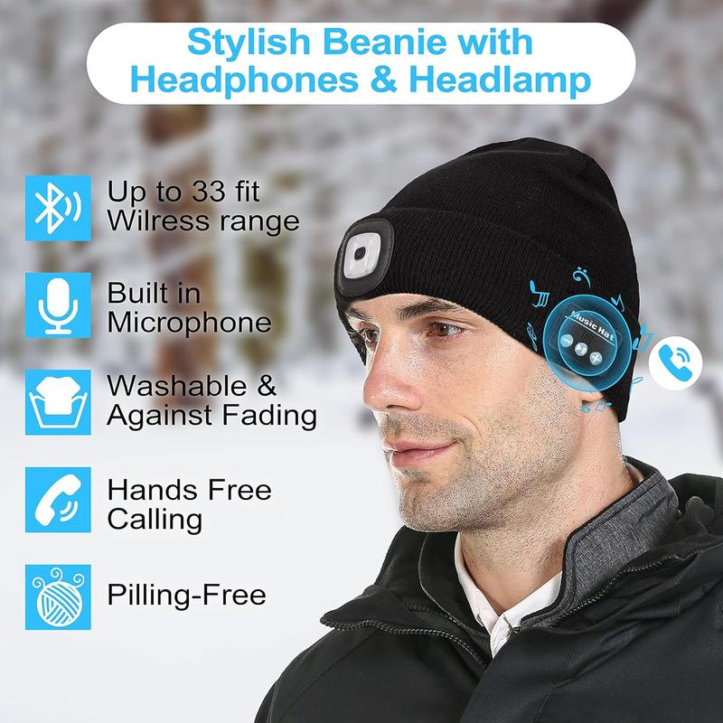 Bluetooth Beanie with a Light, Unisex USB Rechargeable 4 LED Fashlight Hat with Cordless Headphones, Unique Christmas Birthday Gifts for Men Him Husband Teen