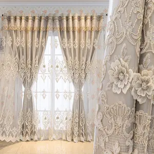 European Custom Double Layer Thick Embossed Lace Curtain, Full Light Blocking, High-End Fabric Sheer, Ready Made for Living Room Bedroom