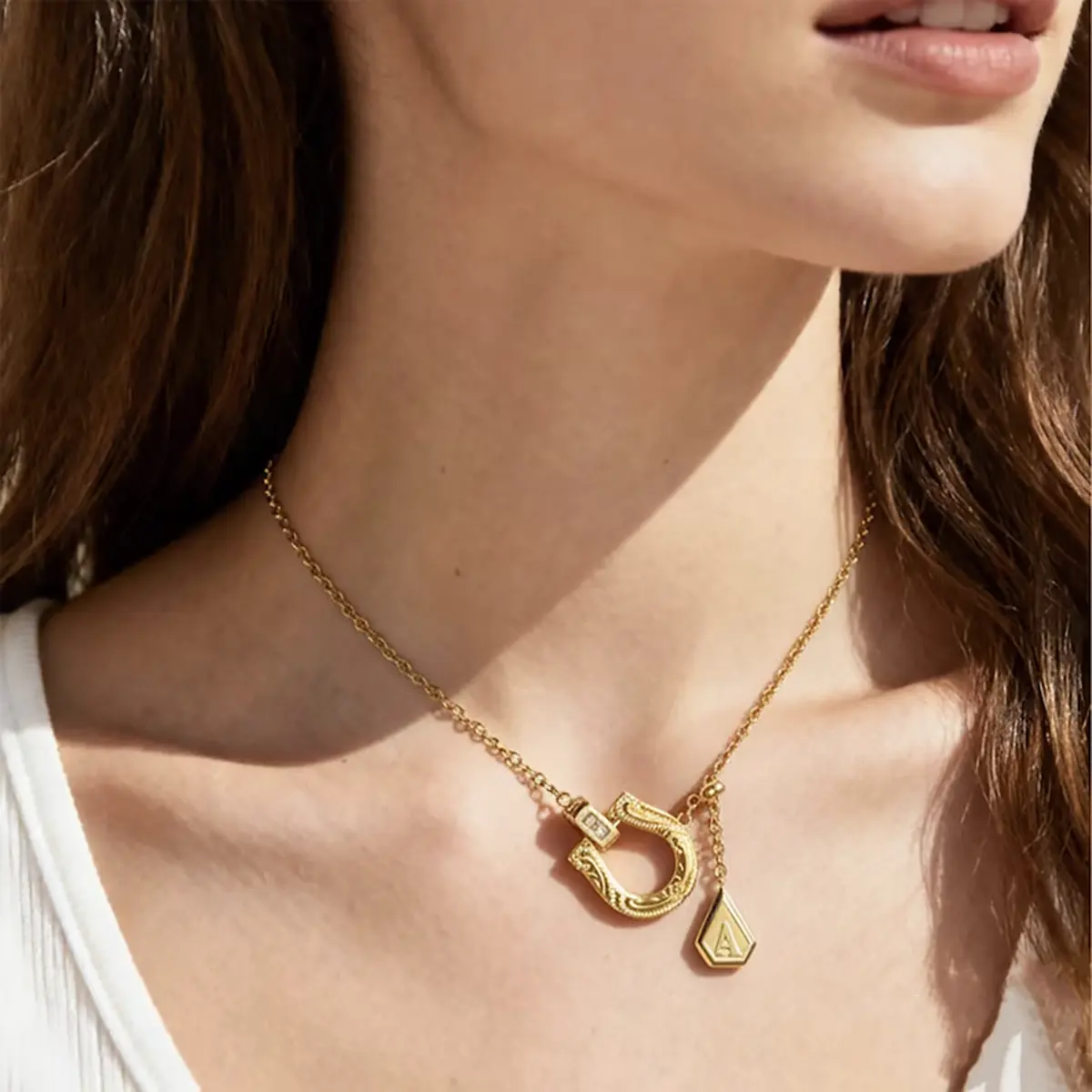 14K Gold Horseshoe Letter Pendant Necklace for Women, Western Cowgirl Lucky Charm Jewelry, Symbol of Good Luck & Protection