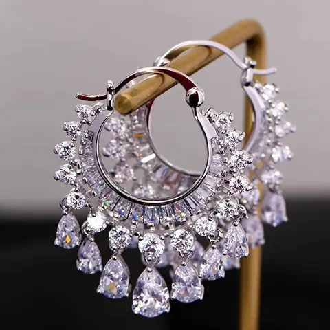 1 Pair of Fashionable Waterdrop Zircon Tassel Earrings with Simple Design, Feminine Elegance, Party, Vacation, Dinner, Earring Gift, Hoop Earrings, Earrings Jewelry