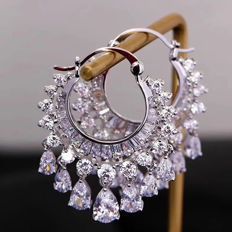 1 Pair of Fashionable Waterdrop Zircon Tassel Earrings with Simple Design, Feminine Elegance, Party, Vacation, Dinner, Earring Gift, Hoop Earrings, Earrings Jewelry