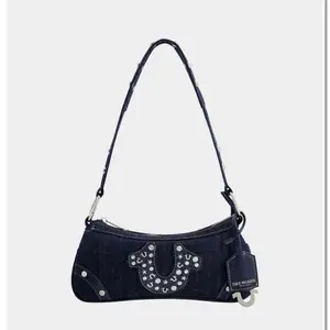 True Religion Small Denim Horseshoe Shoulder Bag.