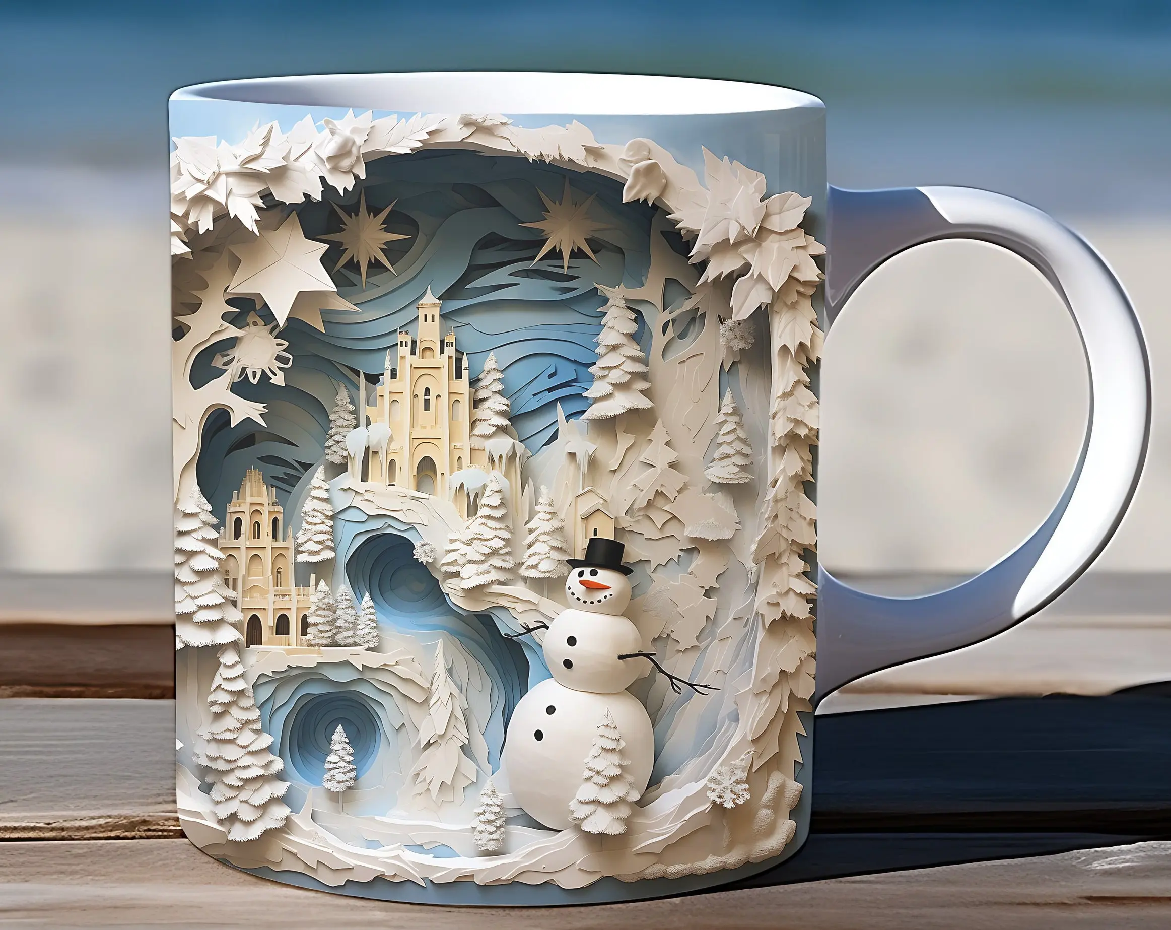 3D Snowman Mug Wrap Design, 11oz & 15oz Mug Template, Hole In A Wall Mug Sublimation Design, Mug Wrap Template