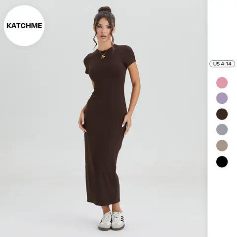 KatchMe Women's Basic Solid Color Round Neck Short Sleeve Slinky Maxi Dress, Lightweight Casual Wear, Minimalist Womenswear, Summer Sundress