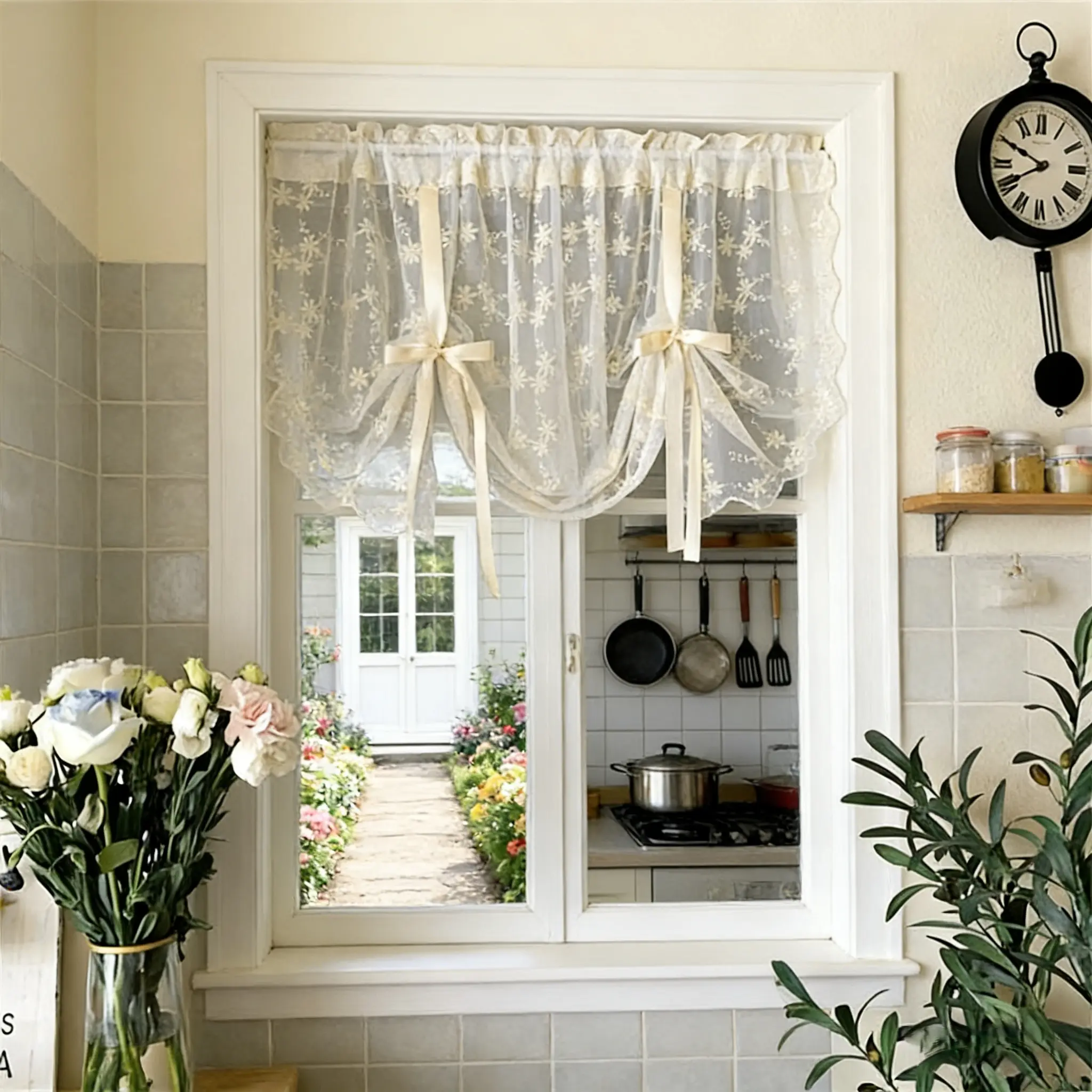 Tie Up Balloon Curtain Beige Romantic Floral Valance for Kitchen Liftable Tier Roman Blind Victorian Drapes for Small Window Cafe Balcony Rod Pocket 1 Panel