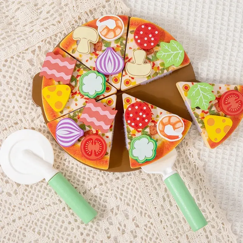 Wooden Simulated Cutting Pizza Pretend Play Toy Educational Kitchen Cooking House Color Recognition Game for Kids 2 Years Gift