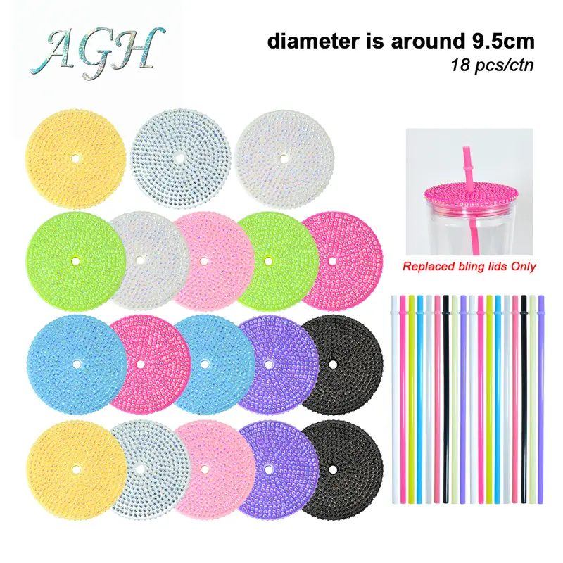 AGH US 18pcs New Exclusive 16oz/24oz replaced Rhinestone bling screw lids and straw ONLY matching for 16oz/24oz snow globe lava drip plastic cups