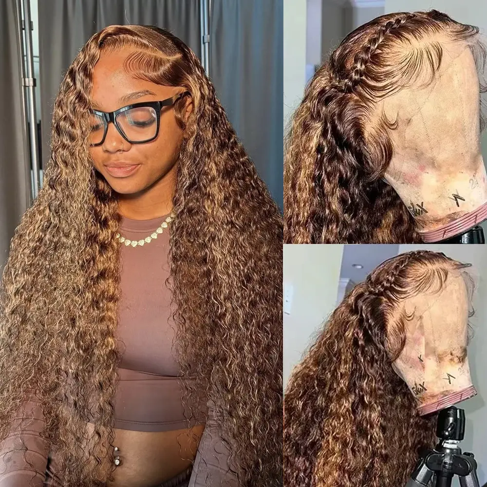 [Upgraded] ZLIKE 13X6 Lace Frontal Ombre Highlight Water Wave Wigs Thick Honey Blond Curly 180% /220% Density Wig with Transparent Lace Blend for Natural Look