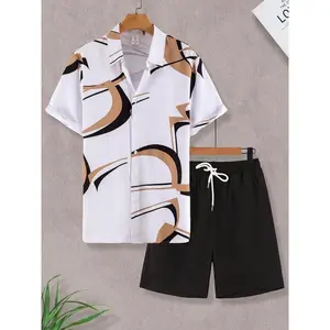 Two-Piece Set Men's Various Pattern Print Short Sleeve Pajama, Regular Fit Casual Comfy Button Front Collared Top & Drawstring Waist Pocket Design Shorts PJ Set, Men's Summer Sleepwear Loungewear