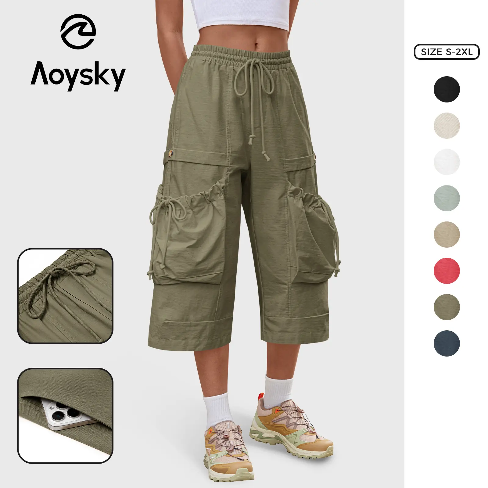 Aoysky Women's Baggy High-Waist Capri Pants with a Casual Elastic Drawstring Waist and Utility Pockets, Baggy High-Waist Pants