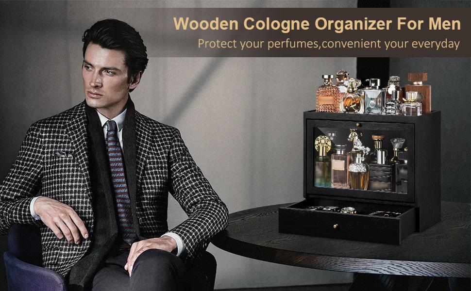 Emfogo Men's Wooden Cologne Organizer - 3-Tier Vanity Display Shelf with Dustproof Acrylic Panel, Drawer, Large Capacity for Dresser, Black - Ideal Gift for Boyfriend, Unique Mens Gift, Gifts For Boyfriend
