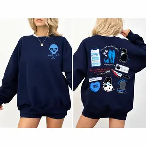 "Lights Out" Dark Romance Sweatshirt – Stalker Romance Bookish Graphic Crewneck | Book-Tok Apparel | Navy Blue Oversized "Hey Boo" Top