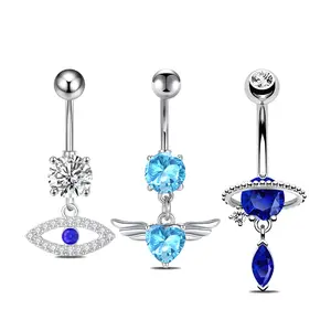HERVAY 14G/10MM Hypoallergenic Stainless Steel Belly Button Ring Planet Blue Moon Eye White Crystal Design Unisex Piercing Jewelry