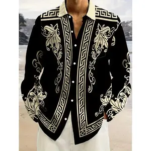 Men'S Plus Size Hawaiian Baroque Floral 3D Print Long Sleeve Button-Up Shirt with Pockets - Vintage Style, Black & White Design, Chest Pocket, Retro Collar, Non-Stretch Fabric, Perfect for Fall, Hawaiian Shirt, PLUS SIZE Menswear Top
