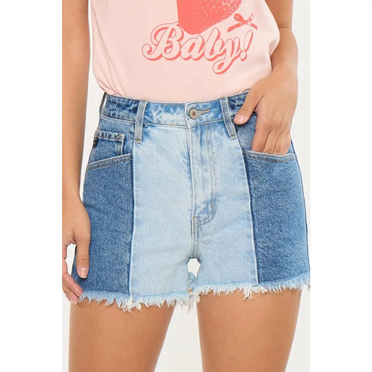 Kan Can Two-Tone Color Block Ultra High-Rise Western Denim Shorts — 11" Rise with Raw Frayed Hem - medium and larges remain
