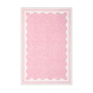 3 x 5 ft Polyester Fiber Pink Scalloped Modern Throw Rug, Low Pile Weave, Stain Proof, Durable Area Rugs, Machine Washable for Indoor Use Bedroom & Living Room