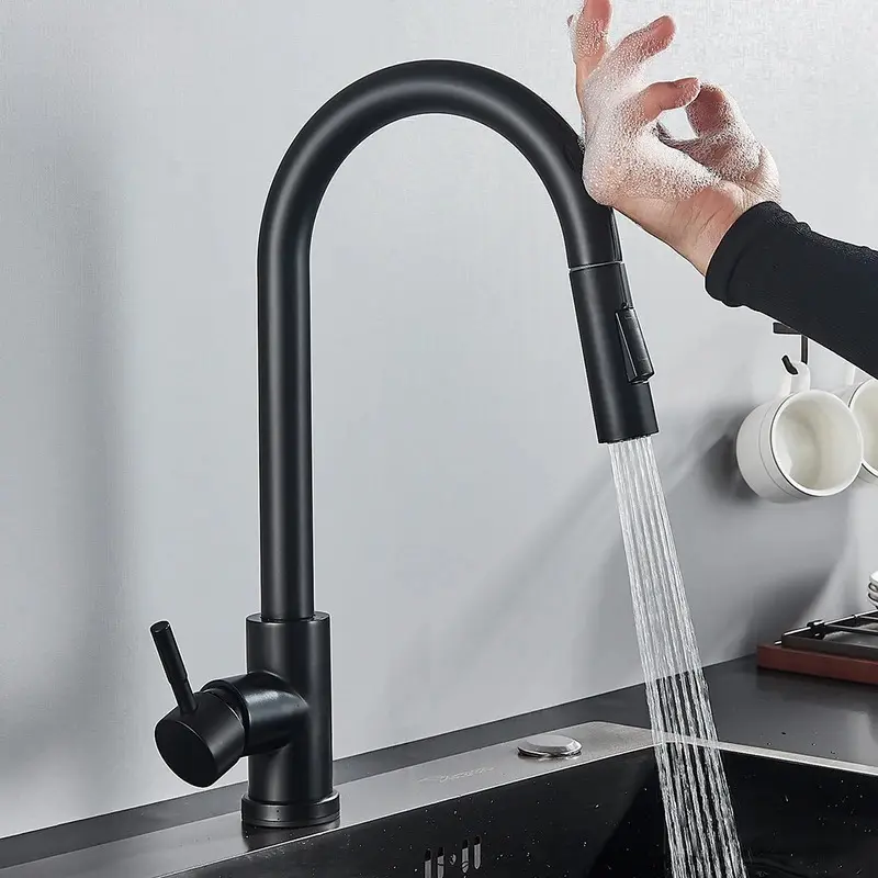 Smart Touch Stainless Steel Kitchen Faucet - Black/Nickel Pull-Out Auto-Sensor Motion-Activated Hot Cold Tap, 360-Degree Rotation, 2-Outlet Water Mixer, Brushed Matte Finish, Hot Cold Faucet