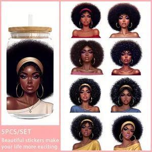 5Pcs/Set Beautiful Black People 16oz Transfer Paper UV DTF High Self-adhensive Decor Wraps Transfer Paper Applied To 16 oz Glass Jars