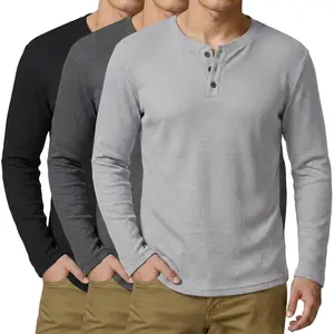 3 Pack Mens Waffle Henley Shirts Long Sleeve Cotton Casual Lightweight Thermal Undershirts