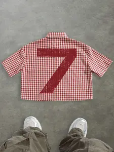 Men's Loose Fit Plaid Shirt, Digital Print Design, High Street Retro Style, Casual Fashion for Summer, Breathable, Outdoor Wear, Red Top